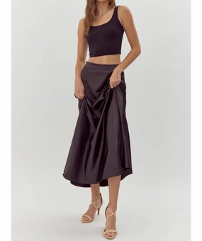 High low hem Black Satin Midi Skirt