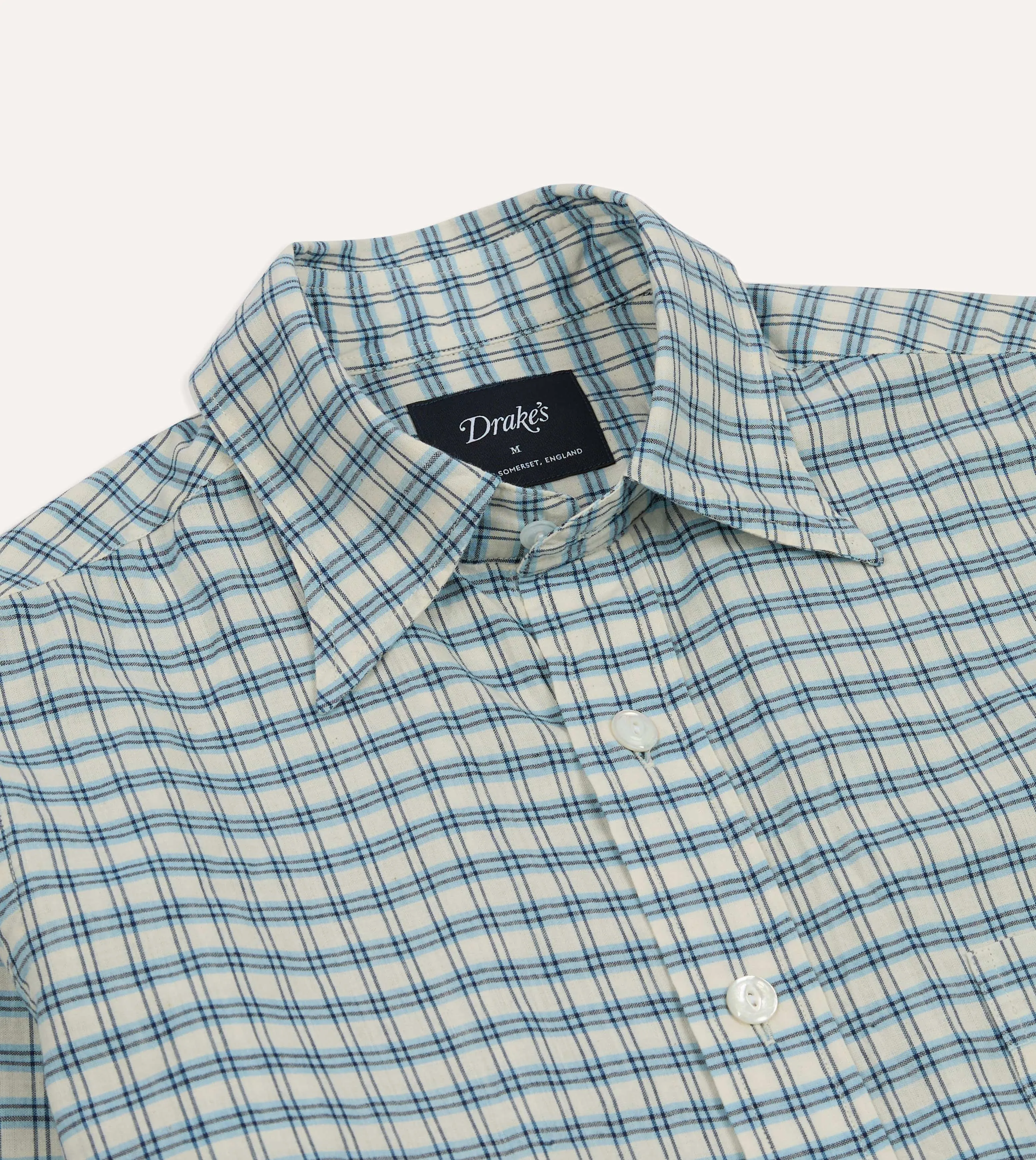 Blue and White Madras Check Cotton Long Point Collar Shirt Tall Option Wrinkle Resistant