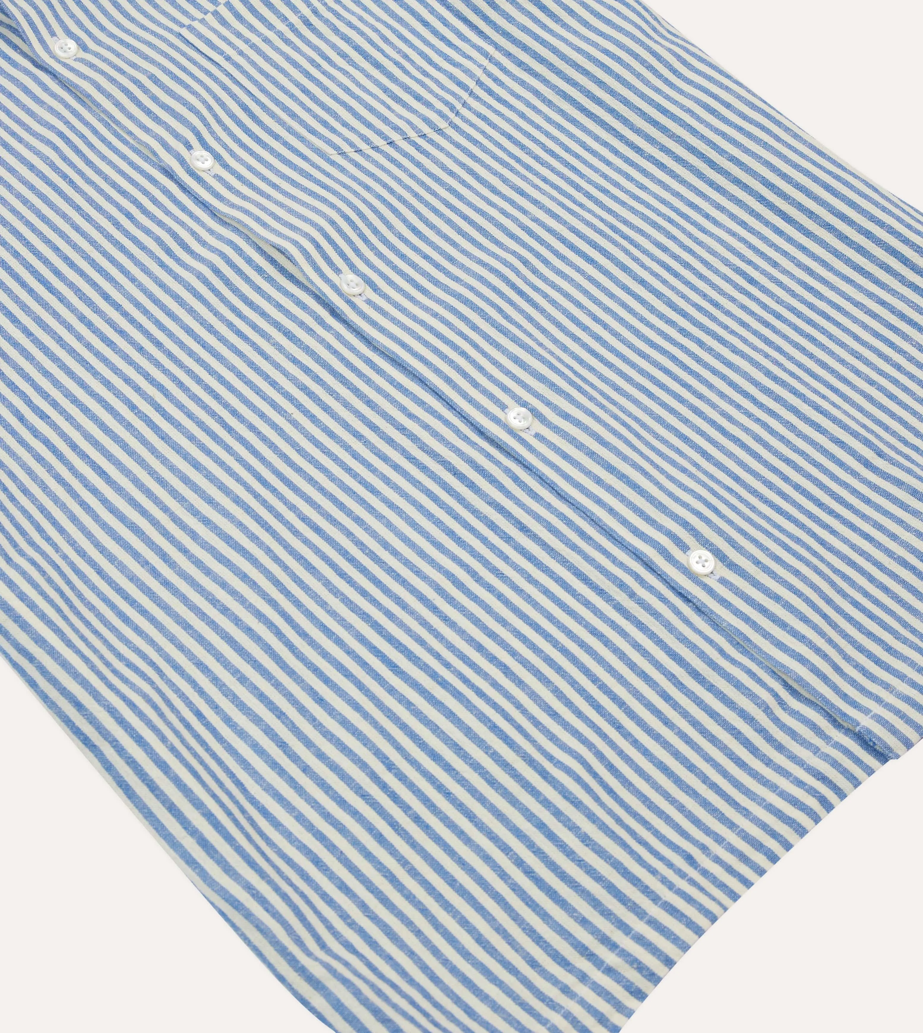 Blue and White Stripe Cotton-Linen Camp Collar Short Sleeve Shirt Sporty Look Gradient effect