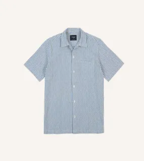 Evening Elegance Blue and White Stripe Cotton-Linen Camp Collar Short Sleeve Shirt