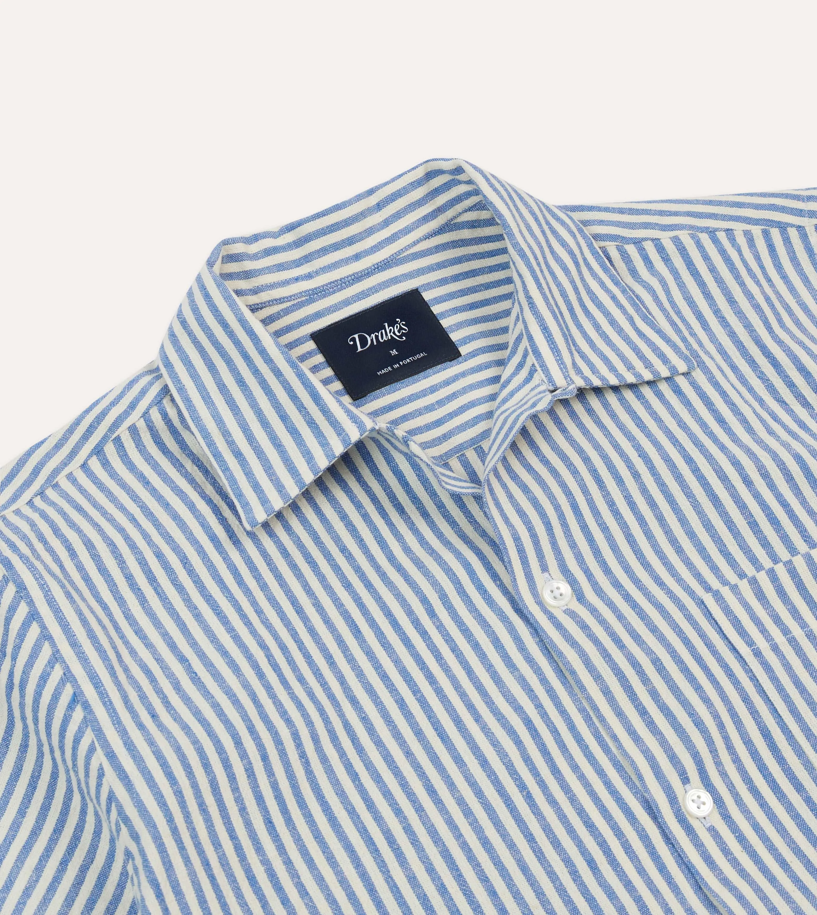 Blue and White Stripe Cotton-Linen Camp Collar Short Sleeve Shirt Versatile Look Eco Friendly Dye