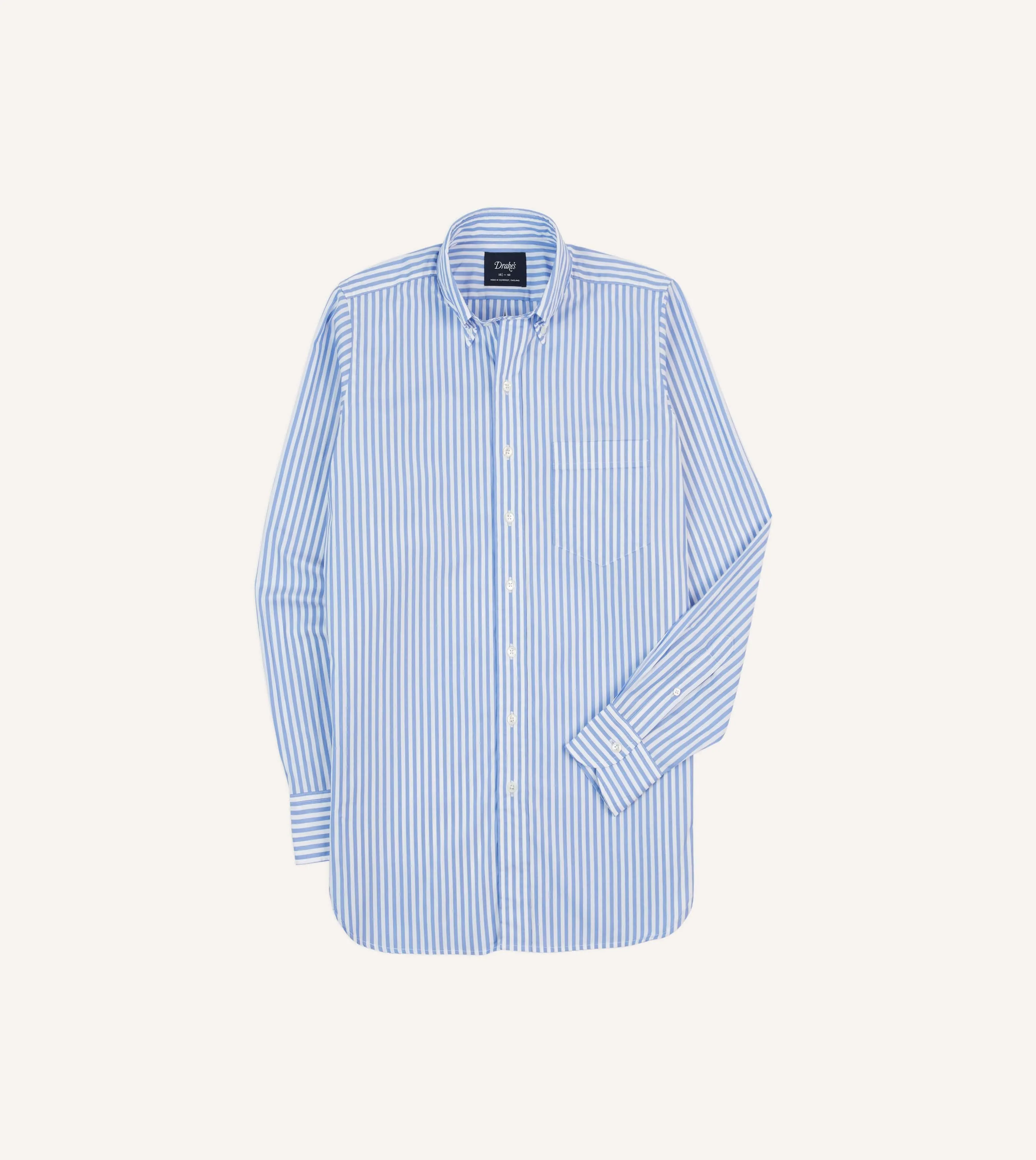 Blue Bengal Stripe Cotton Poplin Button-Down Shirt Layered Hemline