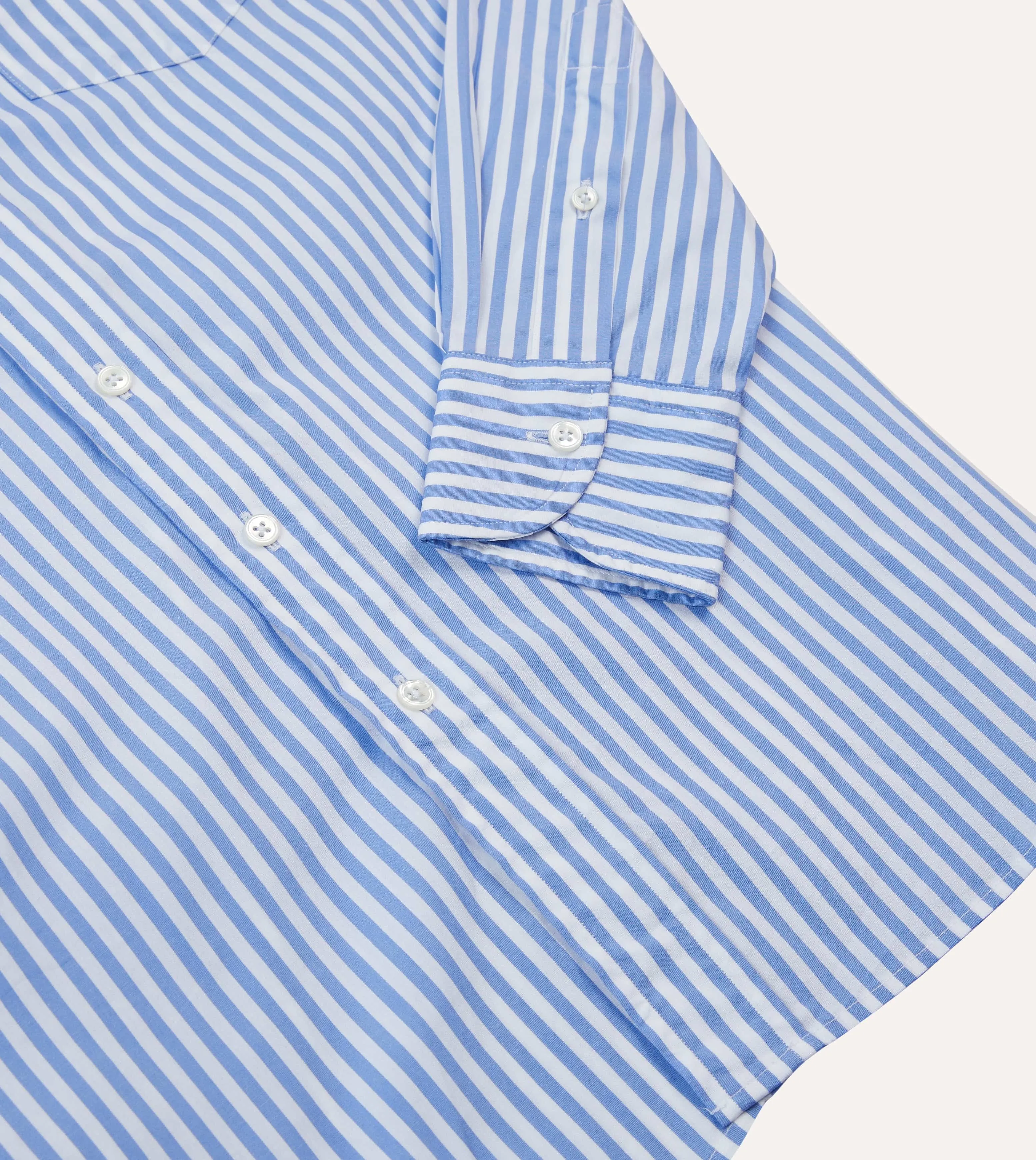 Blue Bengal Stripe Cotton Poplin Button-Down Shirt Double Needle Hemming