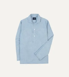 Blue Cotton Chambray Spread Collar Popover Shirt Multi Layer Stitching Unisex Design