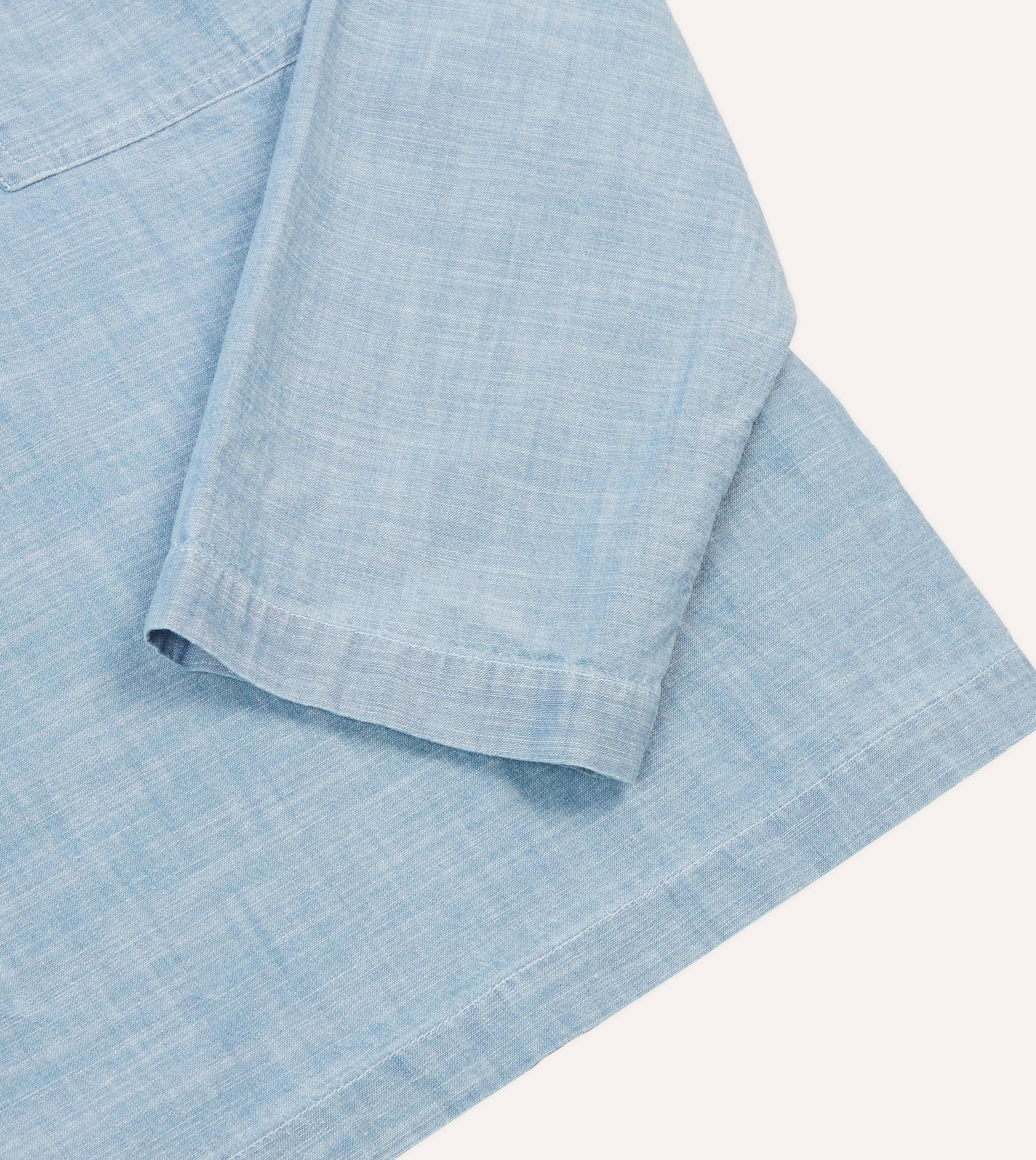 Blue Cotton Chambray Spread Collar Popover Shirt Relaxed Style