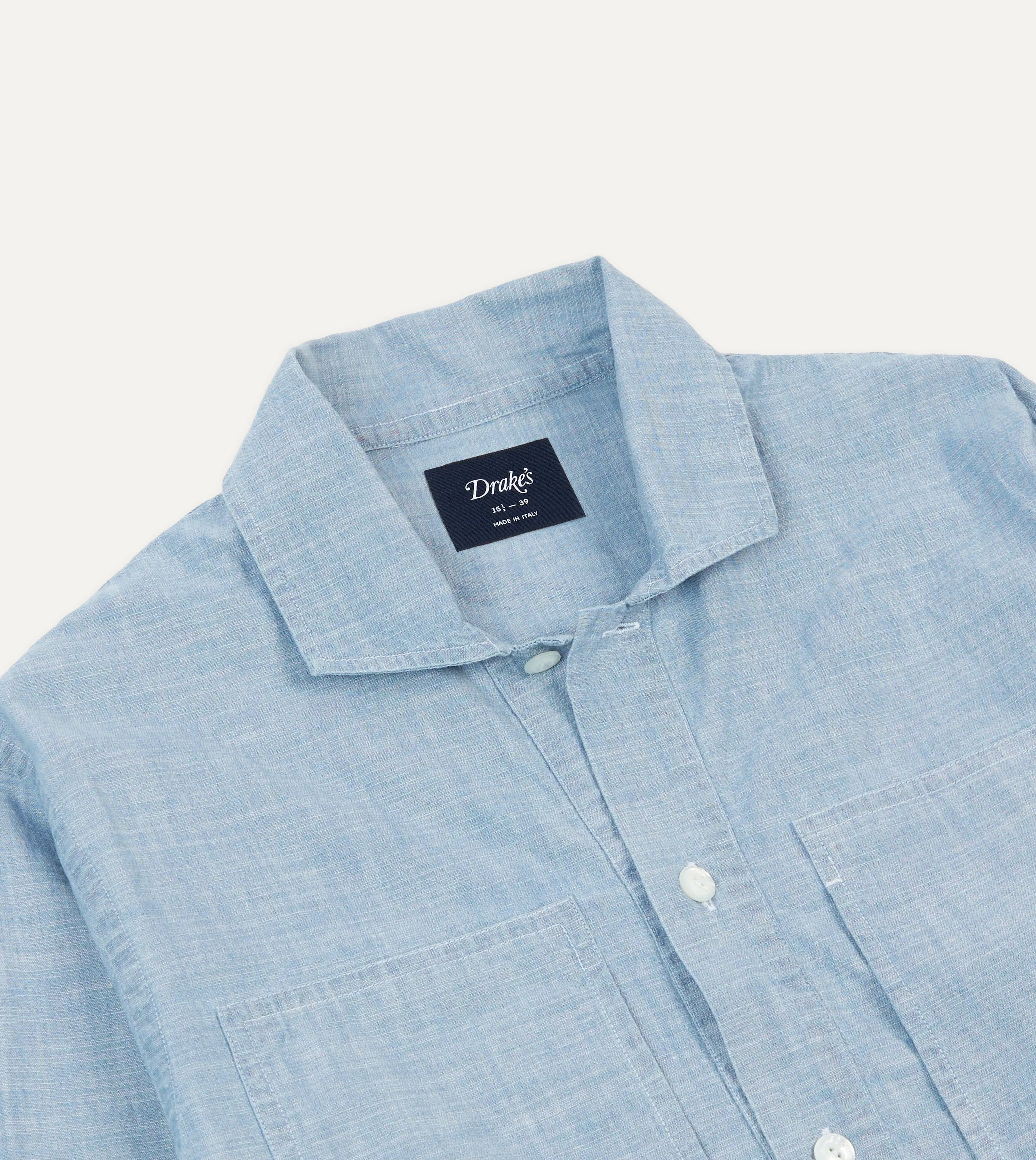 Lightweight Feel Blue Cotton Chambray Spread Collar Popover Shirt