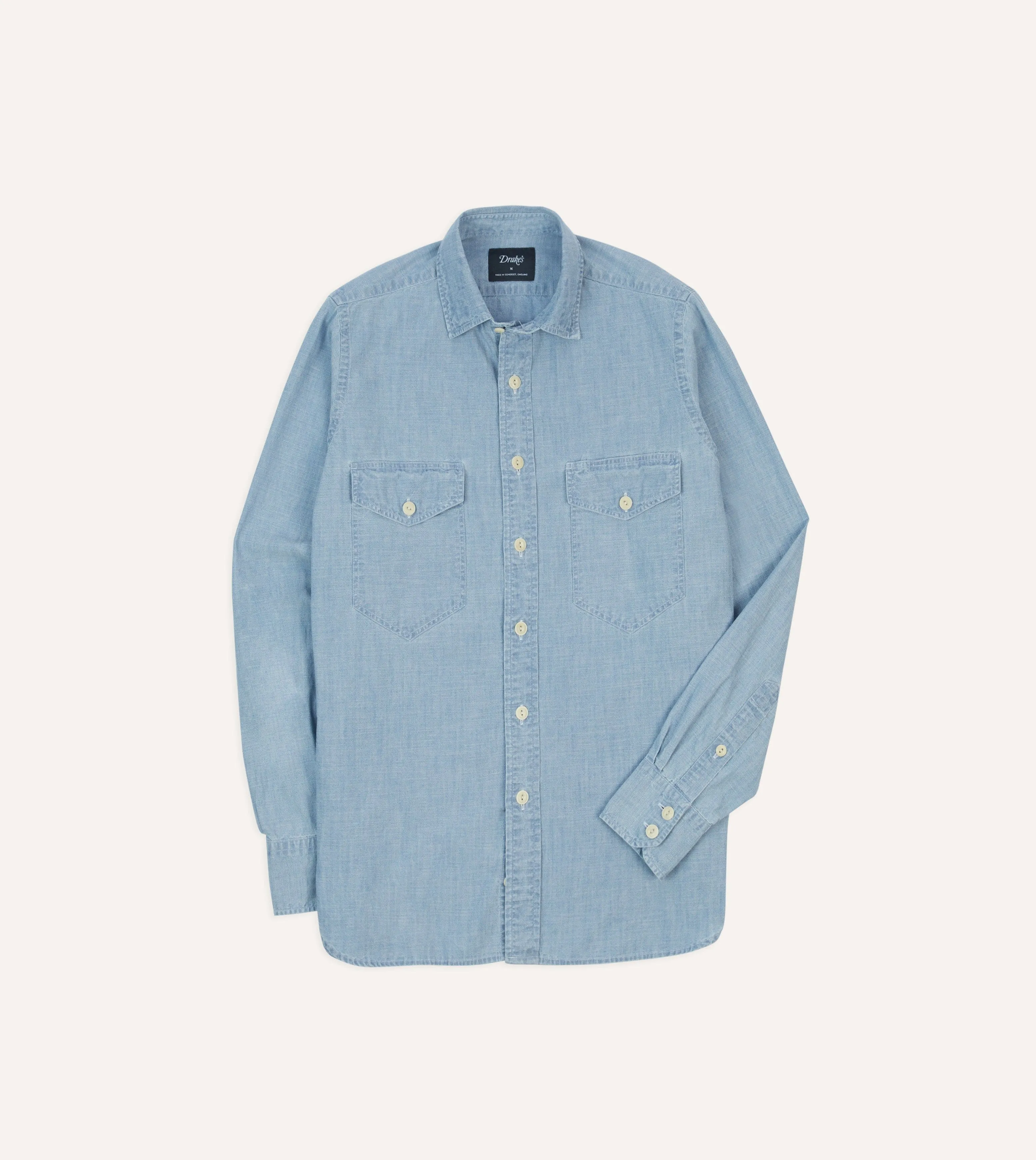 Rooftop Bar Youthful Style Blue Cotton Chambray Two-Pocket Work Shirt