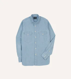 Rooftop Bar Youthful Style Blue Cotton Chambray Two-Pocket Work Shirt