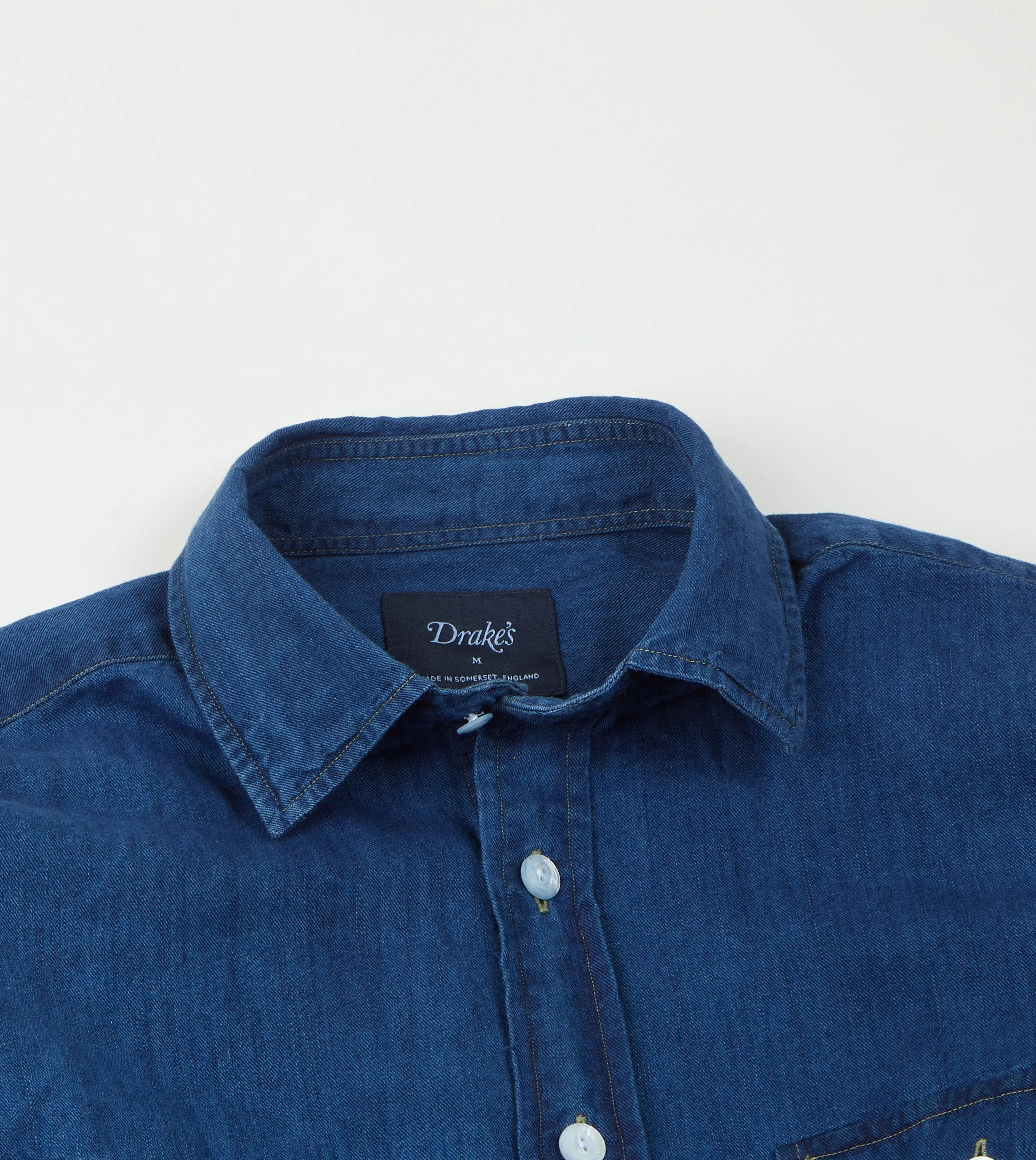 Blue Cotton Linen Two-Pocket Work Shirt Double Stitched Hems Stretch Material