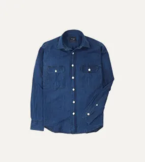 Wrinkle Resistant Finish Blue Cotton Linen Two-Pocket Work Shirt