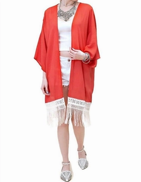 Bohemian Crochet & Fringe Kimono Jacket In Rust Eco Friendly Knitwear Comfy & Cozy