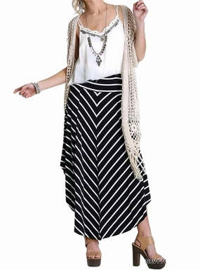 Comfort Mood High Rise Bohemian Striped Midi Skirt In Navy