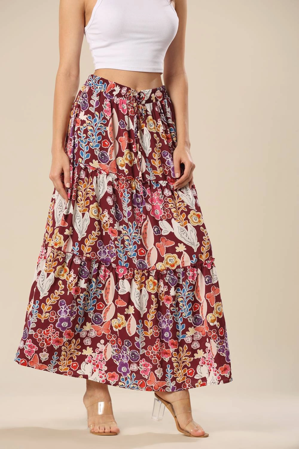 Romantic Vibe Boho Floral Print High Waist Maxi Skirt In Multi