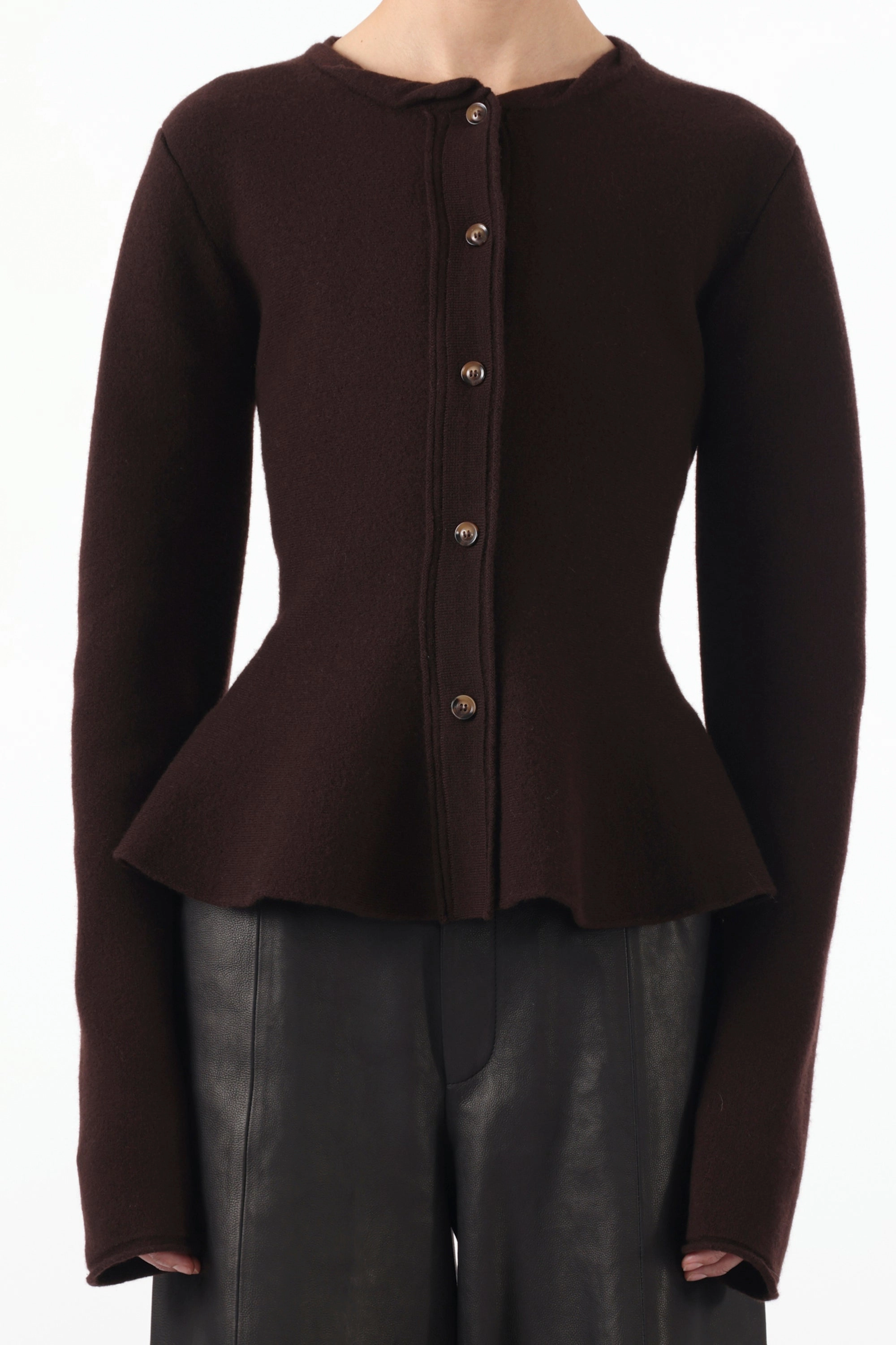 BOILED WOOL CARDIGAN WITH PEPLUM Cozy Everyday Moisture Wicking Knit