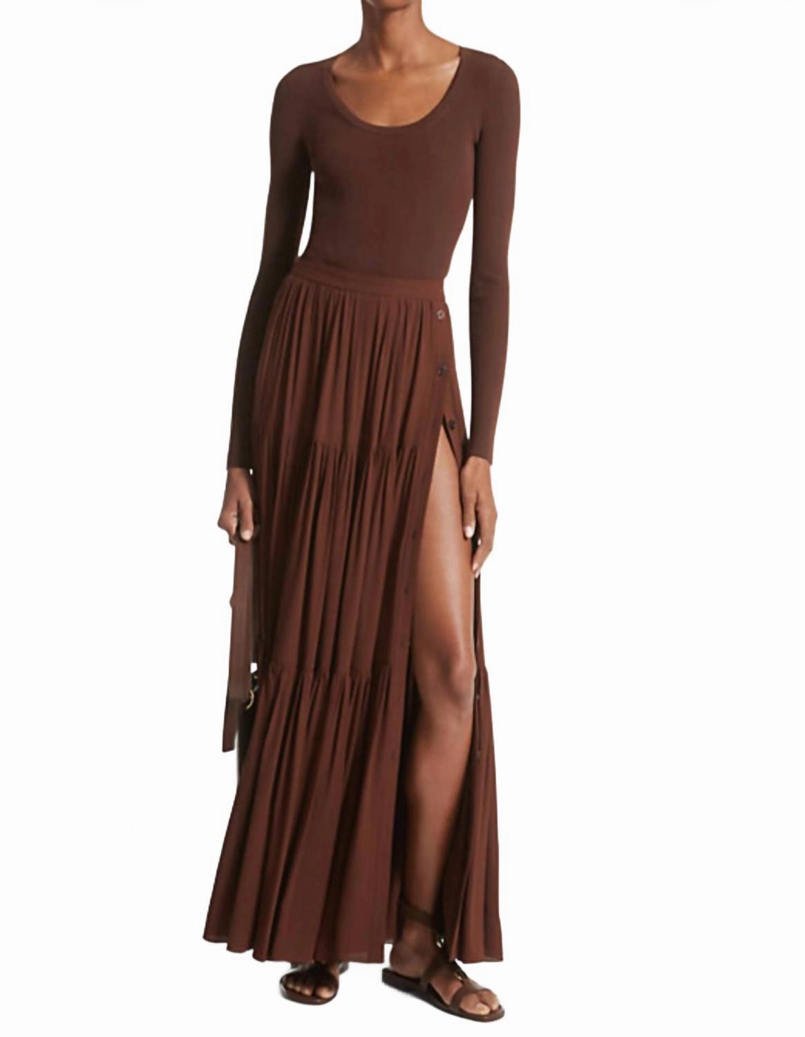 Silk Georgette Button-Front Skirt In Nutmeg High low hem Fresh Vibe