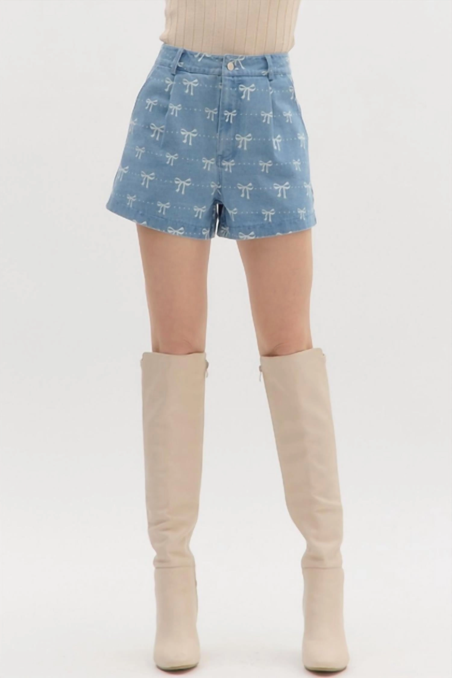 Summer Mood Concert wear Bow Denim High Waist Shorts In Light Denim