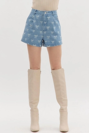Summer Mood Concert wear Bow Denim High Waist Shorts In Light Denim