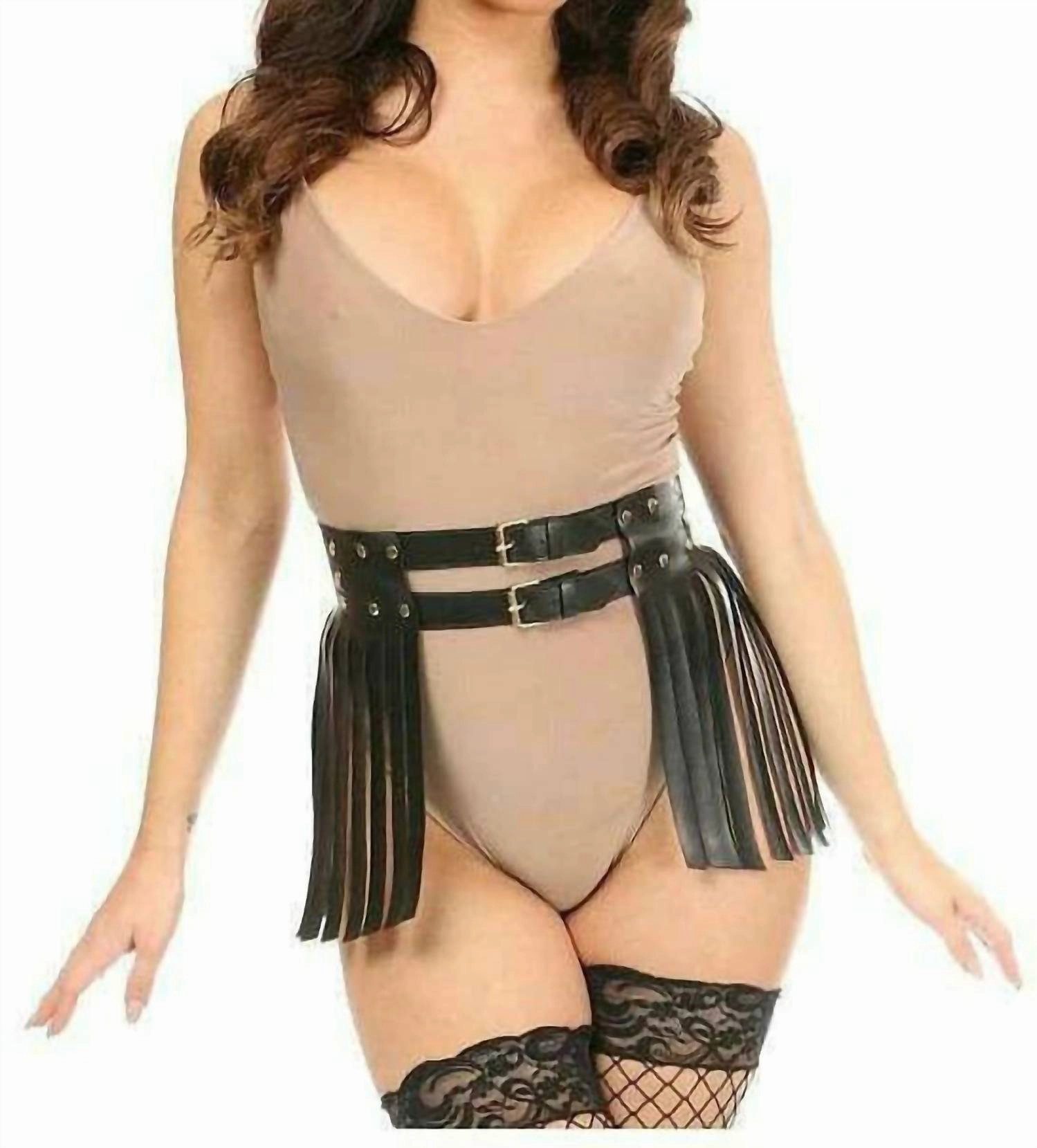 premium fabric Vegan Leather Fringe Skirt In Black/gold
