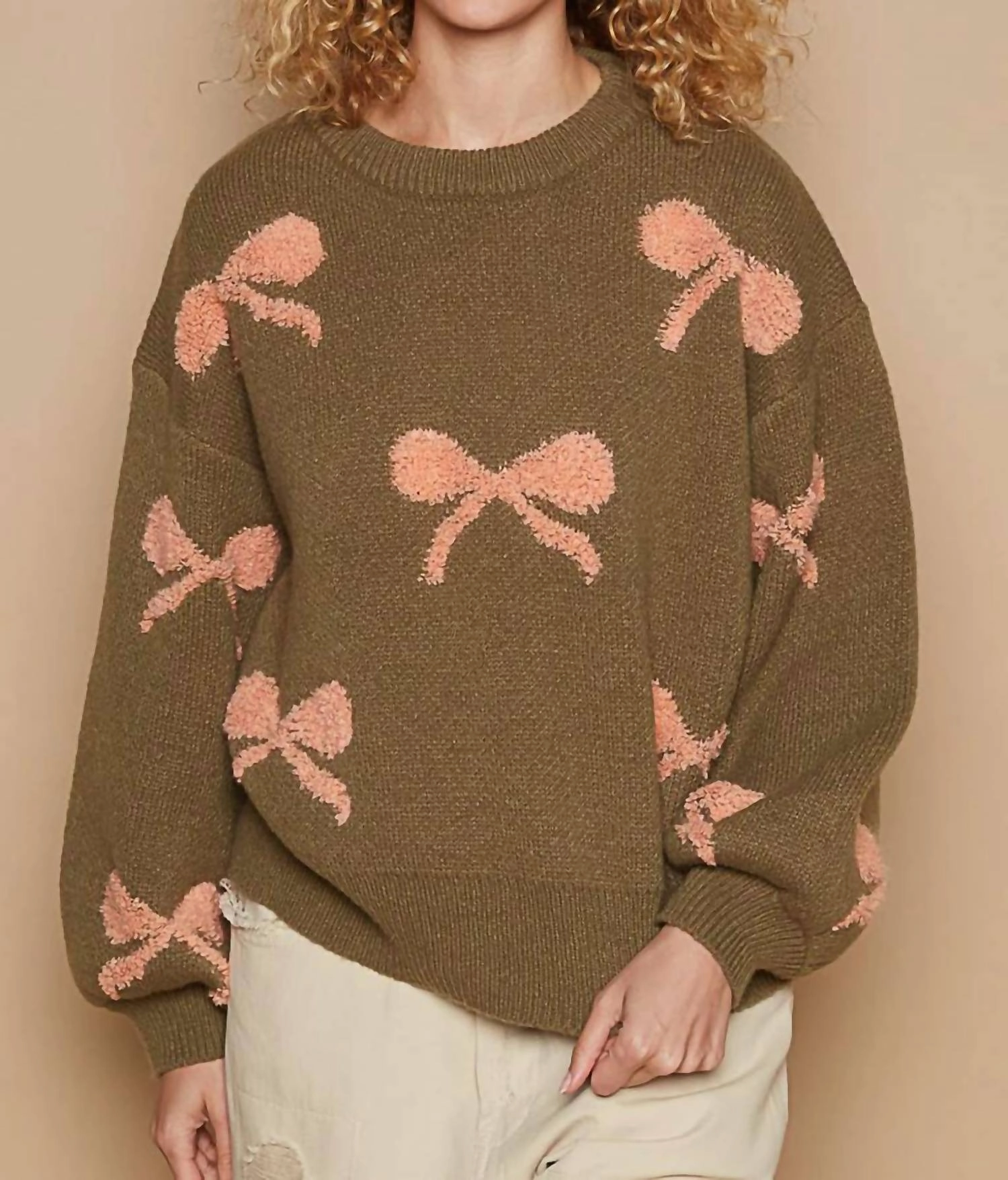Soft Comfort Bow Knit Sweater In Olive