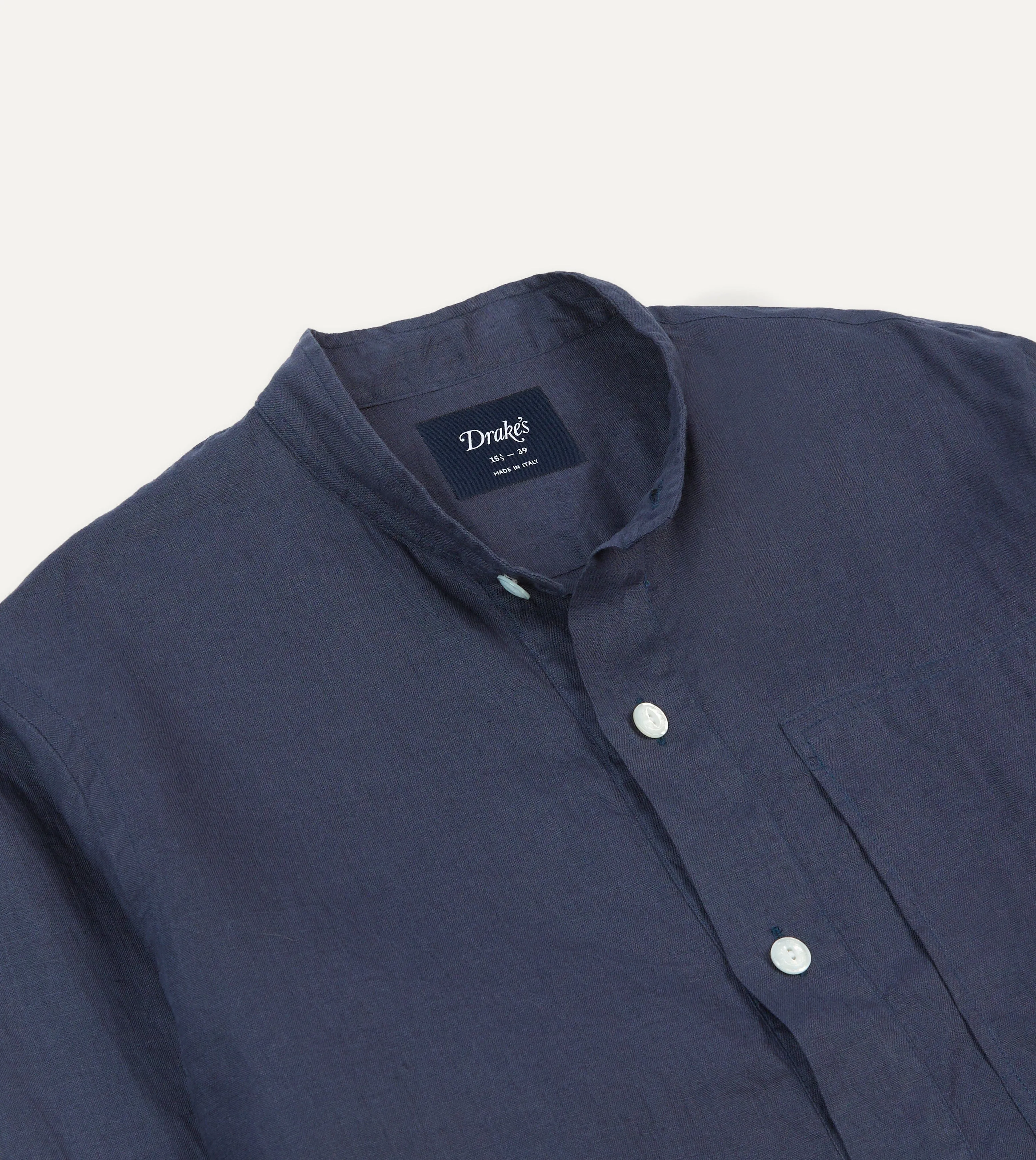 Navy Linen Mandarin Collar Popover Shirt Contemporary Style Multi Layer Stitching