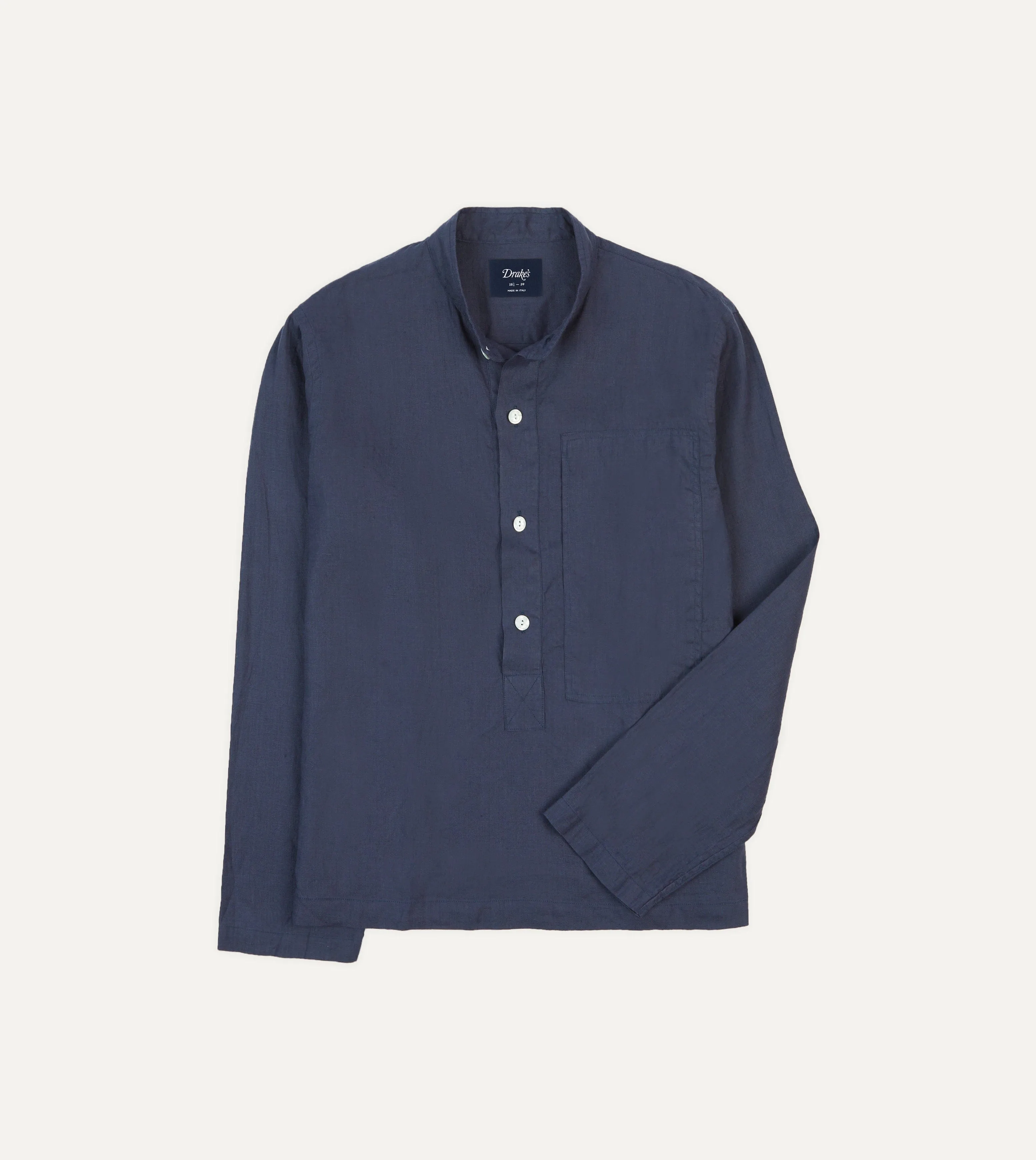 bohemian flair Navy Linen Mandarin Collar Popover Shirt
