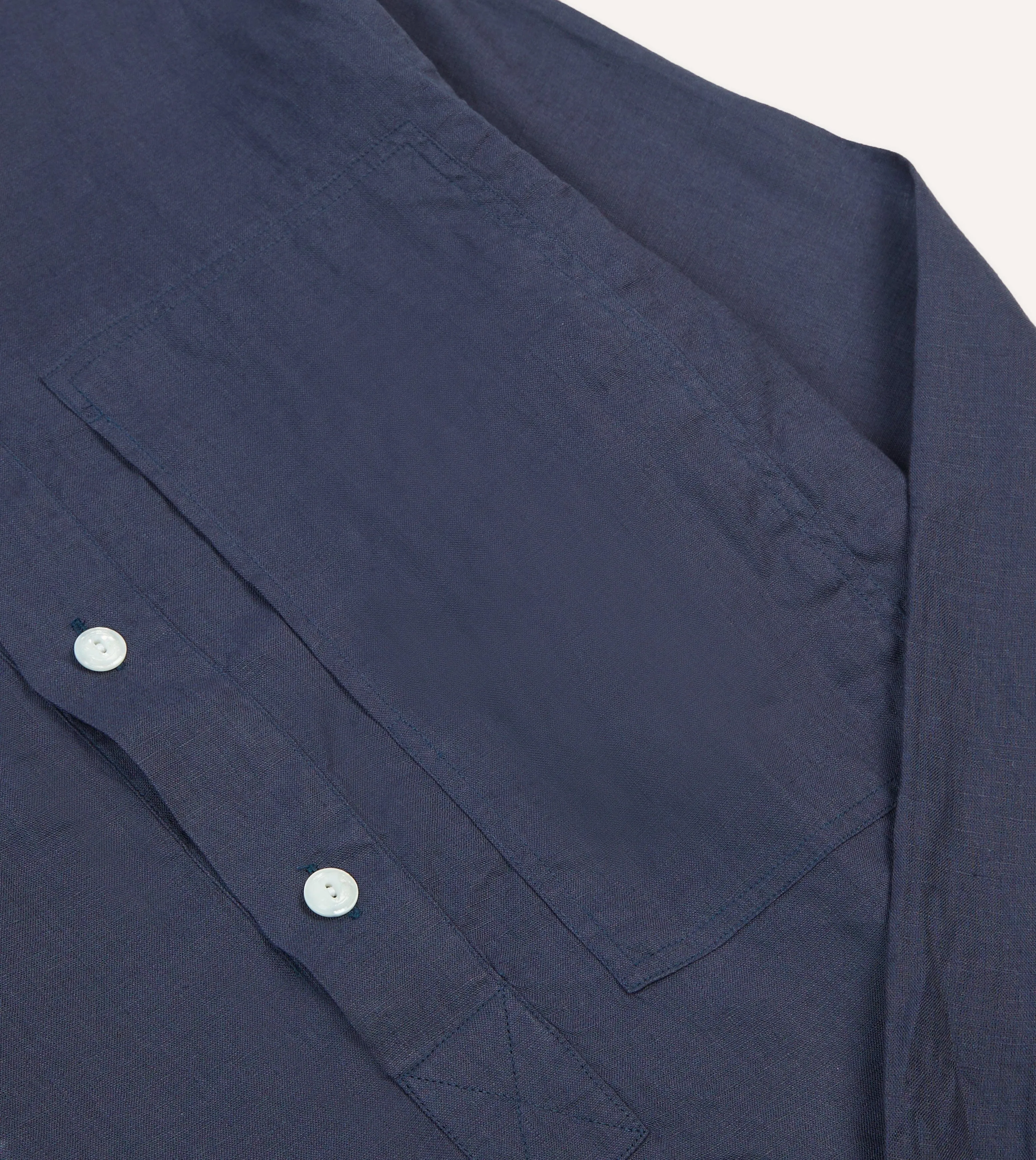 Adjustable Cuff Closure Navy Linen Mandarin Collar Popover Shirt
