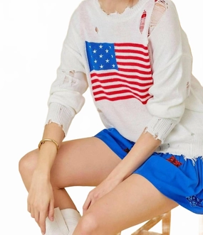 Essential Knit Distressed Flag Sweater In White