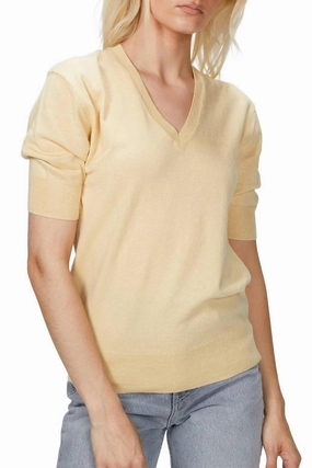 Elbow V-Neck Top In Honey Stretch Knit Technology