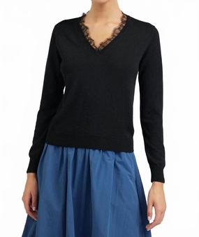 Cozy Choice Lace Detail V-Neck Sweater In Black