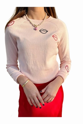 Soft and Warm Layered Neckline Kiss Me Crew Neck Sweater In Pink