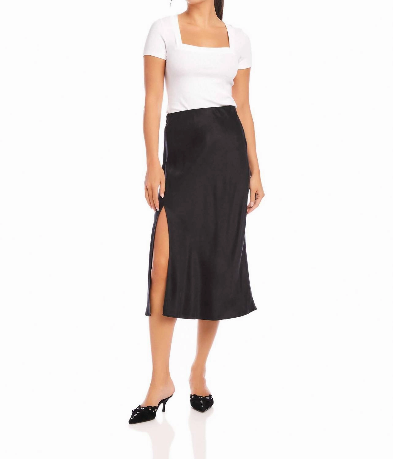 Brielle Side Slit Midi Skirt In Black Fresh Texture Minimal Touch