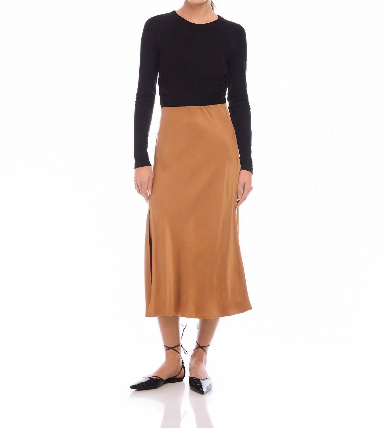 Brielle Side Slit Midi Skirt In Camel Seasonal special