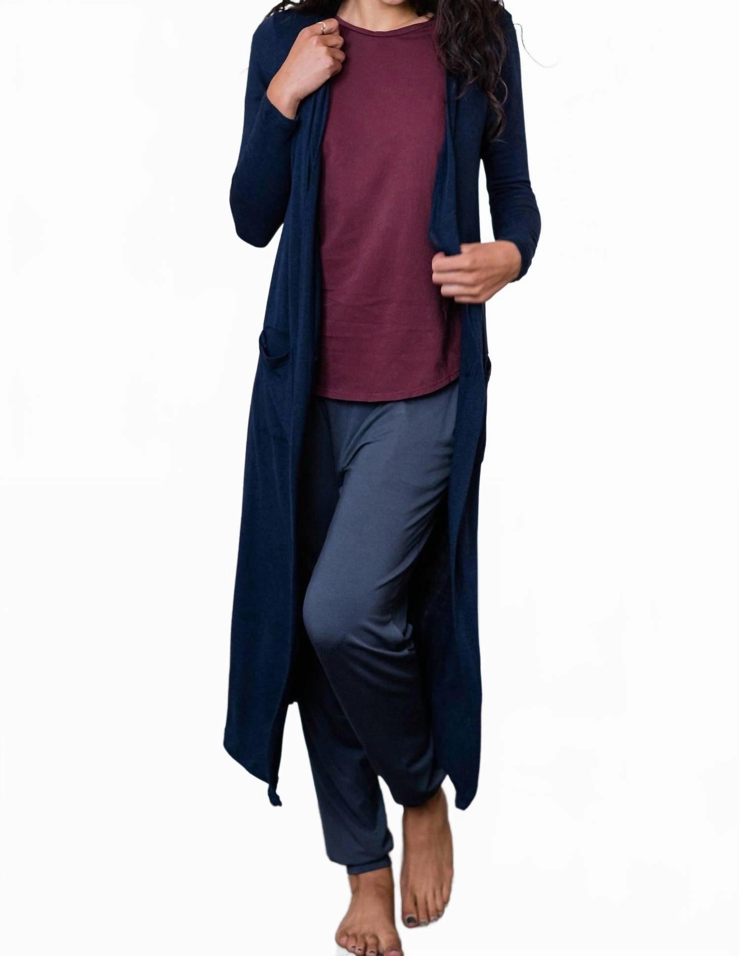 Brooke Cardigan Duster Bamboo Sweater In Navy Heather Essential Wardrobe Timeless Knit