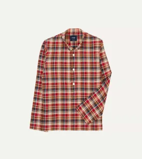 All-day Comfort Brown, Navy and Red Madras Check Cotton Mandarin Collar Popover Shirt