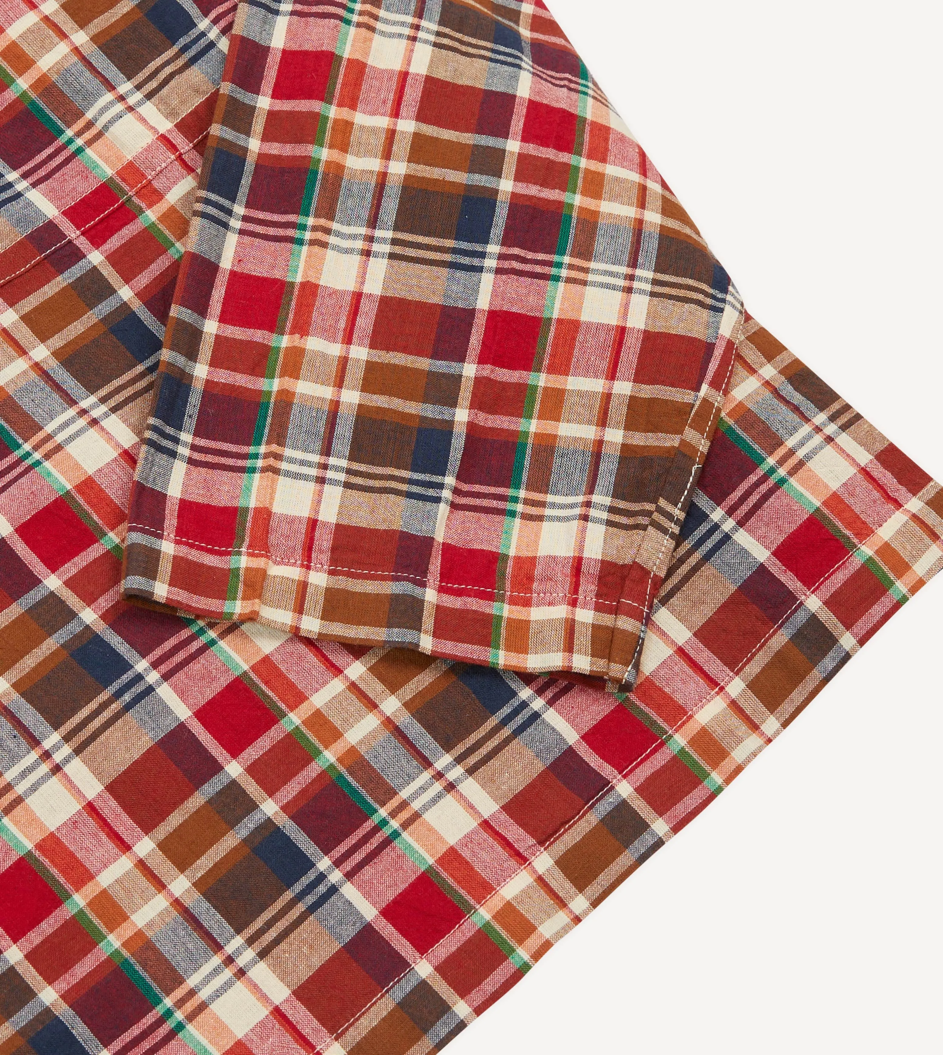 Brown, Navy and Red Madras Check Cotton Mandarin Collar Popover Shirt Versatile Look