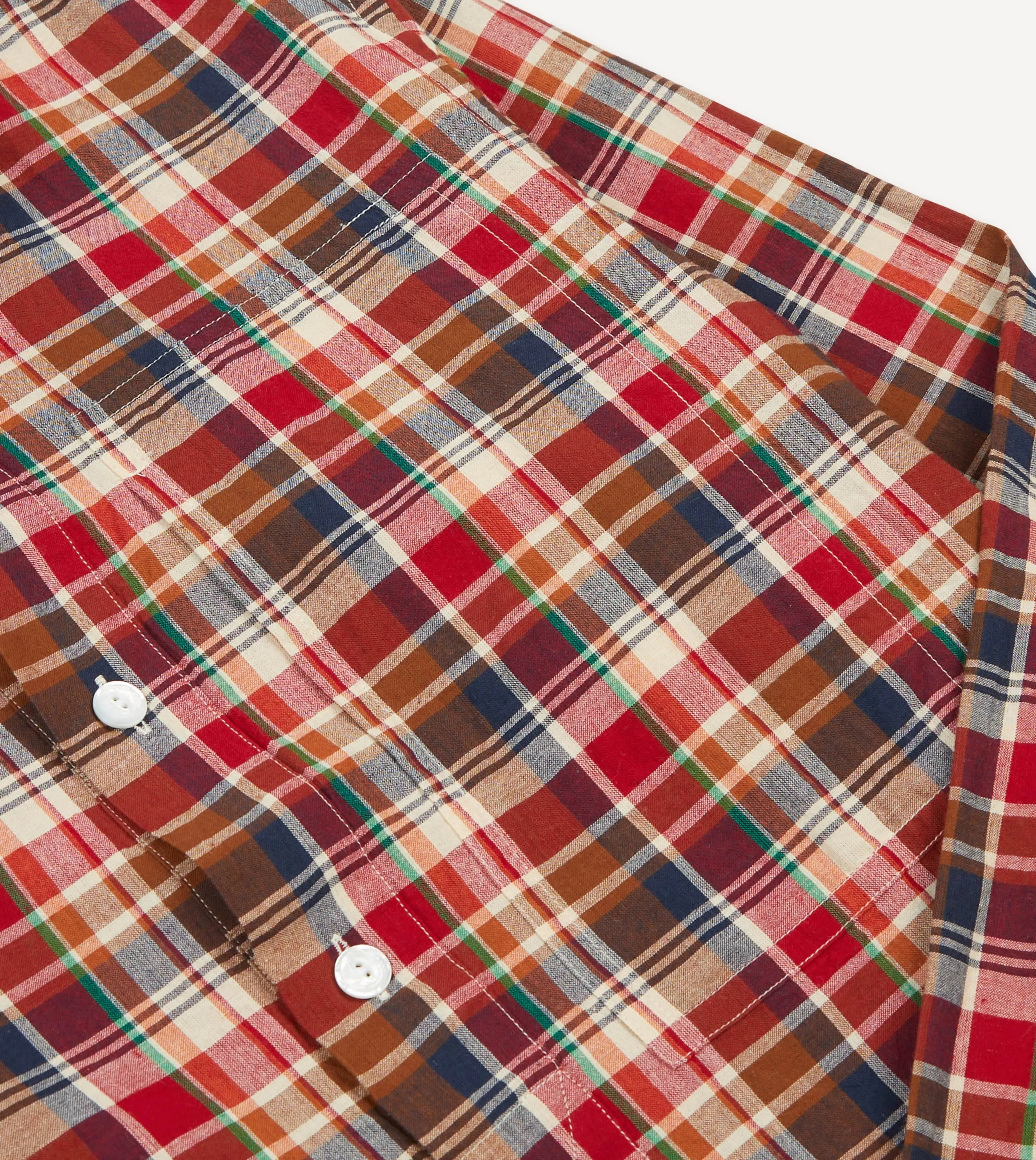 Brown, Navy and Red Madras Check Cotton Mandarin Collar Popover Shirt Breathable back panel Pullover Design