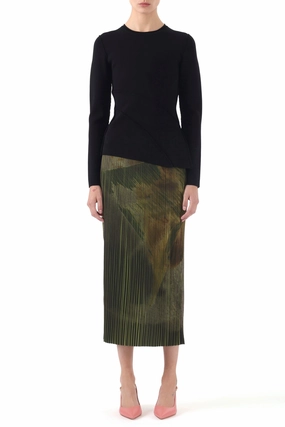 BRUSHSTROKE PRINT PLEATED PENCIL SKIRT Sustainable Fabric