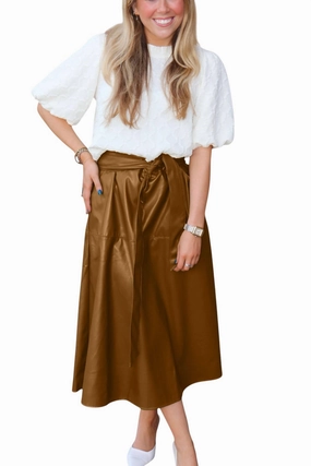 Brynn Pleather Midi Skirt In Brown Gentle Vibe Quick Wear