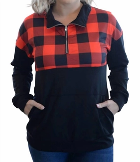 Warm Fashion Warm design Buffalo Plaid Zip Up Pullover In Red/black
