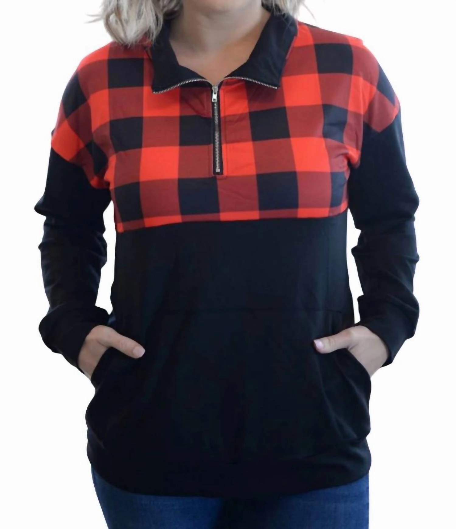 Reinforced Cuffs Buffalo Plaid Zip Up Pullover In Red/black