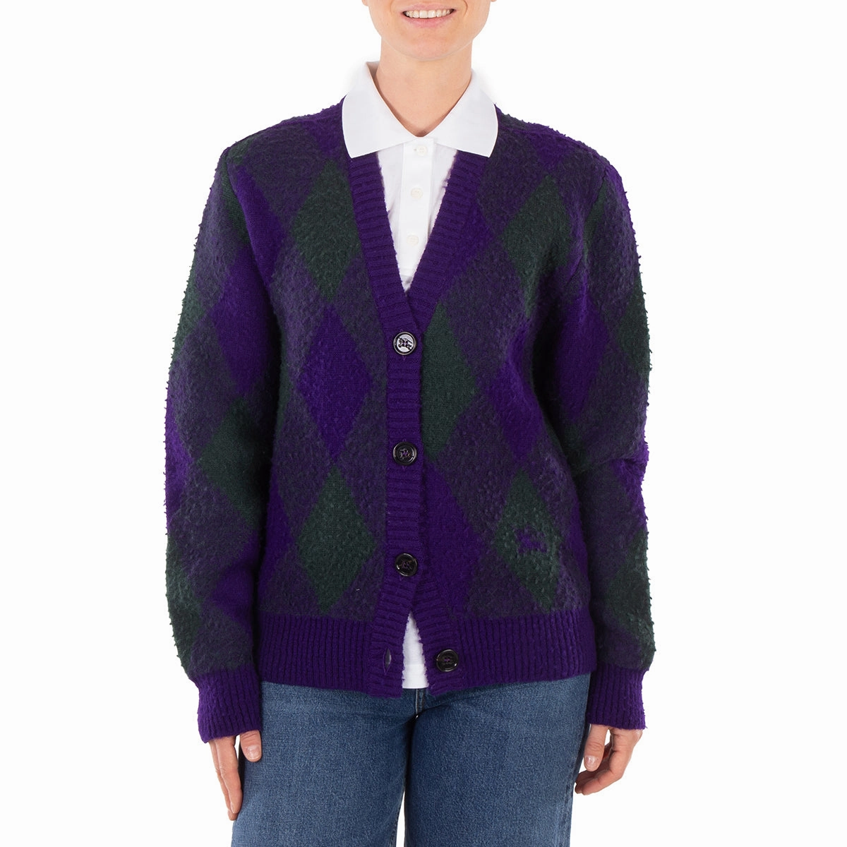 Waffle Knit Burberry Argyle-Intarsia-Knit V-Neck Wool Cardigan