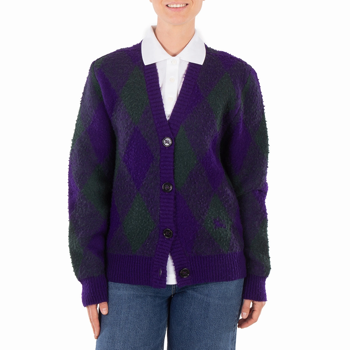 Effortless Knit Warm Layer Burberry Argyle-Intarsia-Knit V-Neck Wool Cardigan