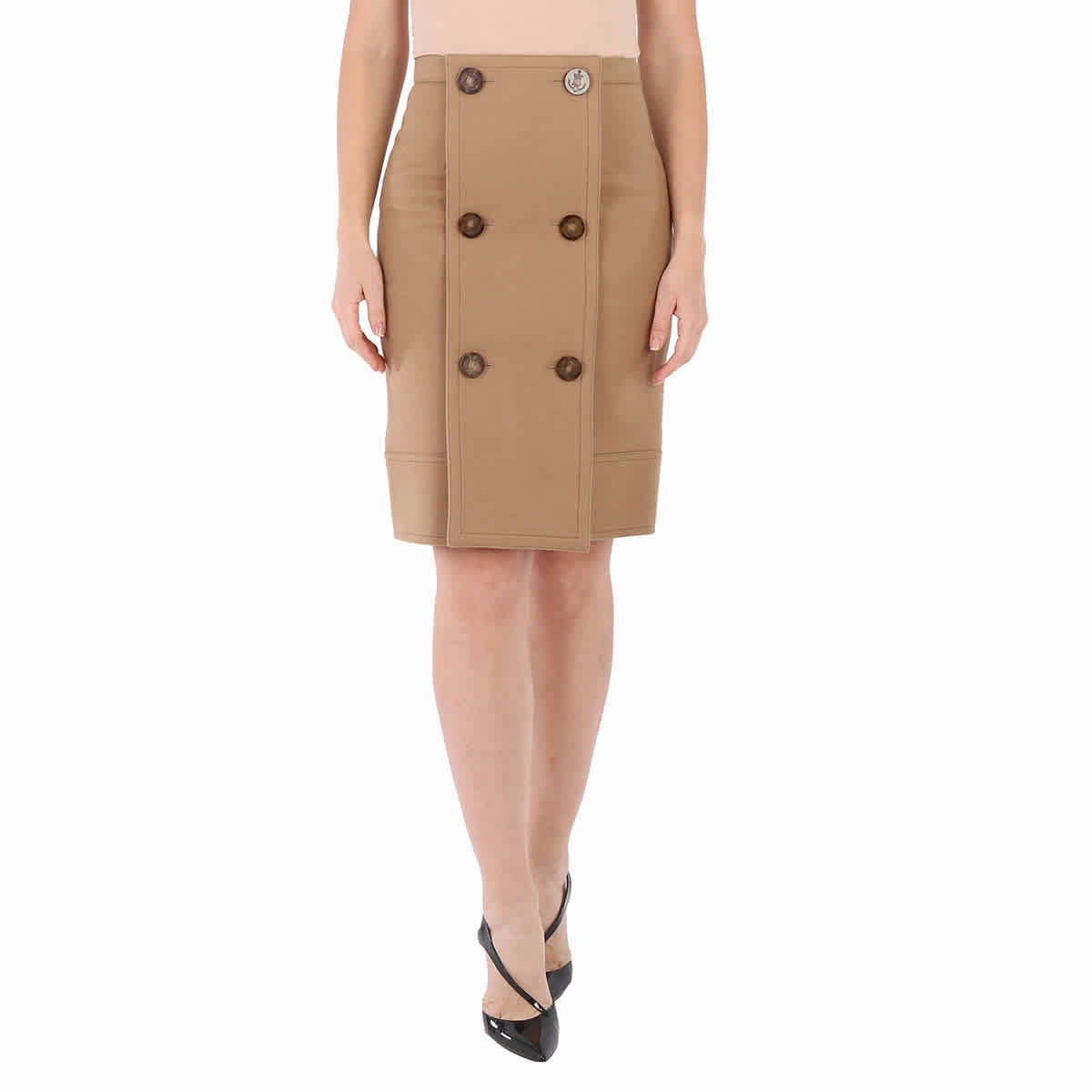 Burberry Camel Wool Cashmere Button Panel Detail A-line Skirt Slip Resistant Waistband