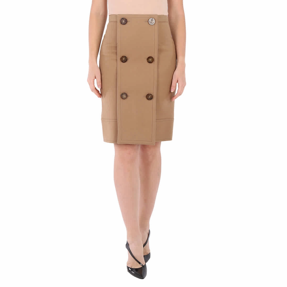 Fold Over Design Seamless construction Burberry Camel Wool Cashmere Button Panel Detail A-line Skirt