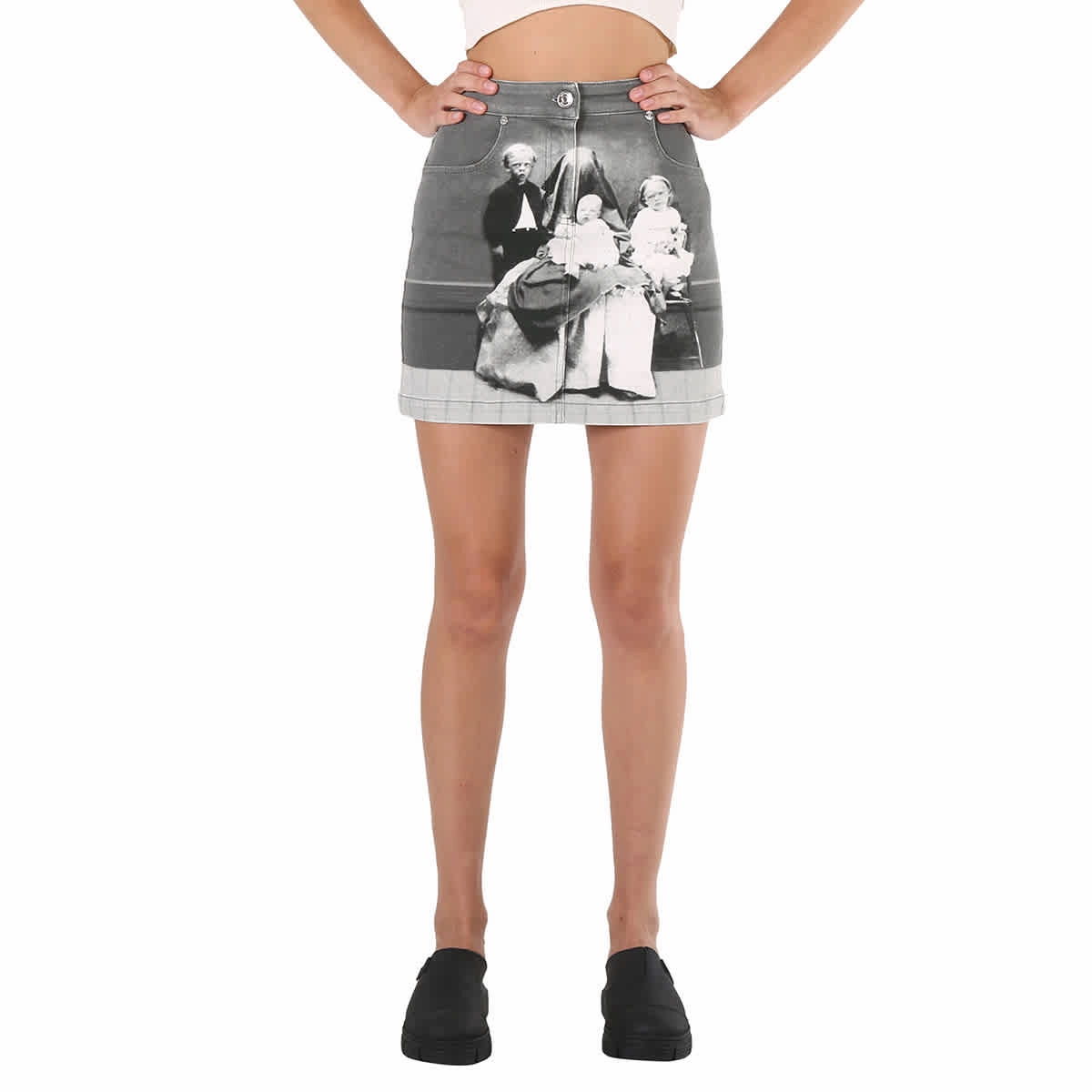 Hygienic Coating Burberry Grey Stretch Denim Victorian Portrait Print Mini Skirt