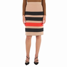 Burberry Ladies Camel Icon Stripe Wool Pencil Skirt Rolled Hem