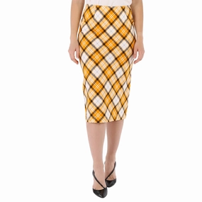 Burberry Ladies Citrus Orange Check Print Stretch Jersey Pencil Skirt Laser cut Easy Layers