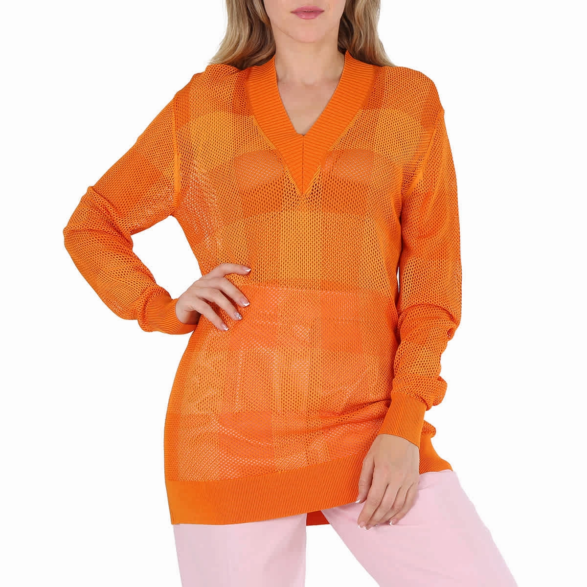 Burberry Ladies Deep Orange Zoie Check Mesh Lace V-Neck Jumper Winter-Ready Fashion Winter Knitwear