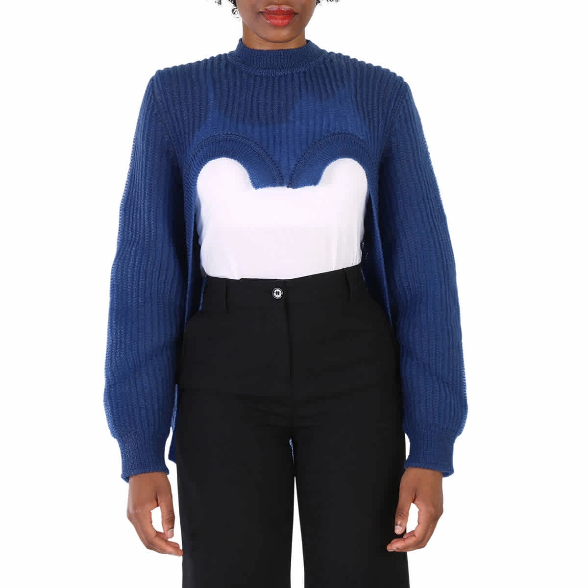Four Way Stretch Fabric Burberry Ladies Warm Royal Blue Cut-Out Knit Technical Reconstructed Sweater