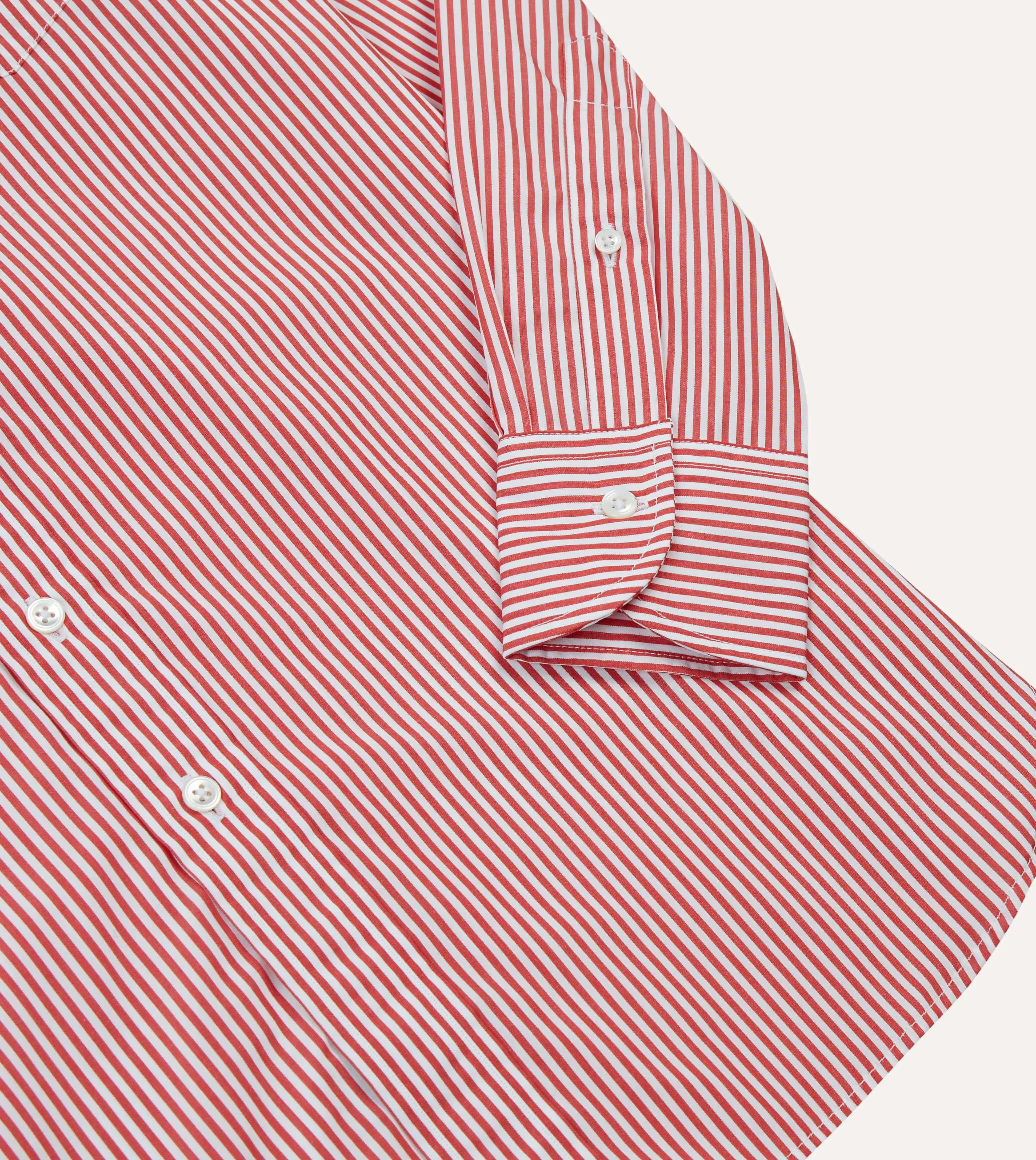 Red Narrow Stripe Cotton Poplin Button-Down Shirt Dynamic Design Loose Fit